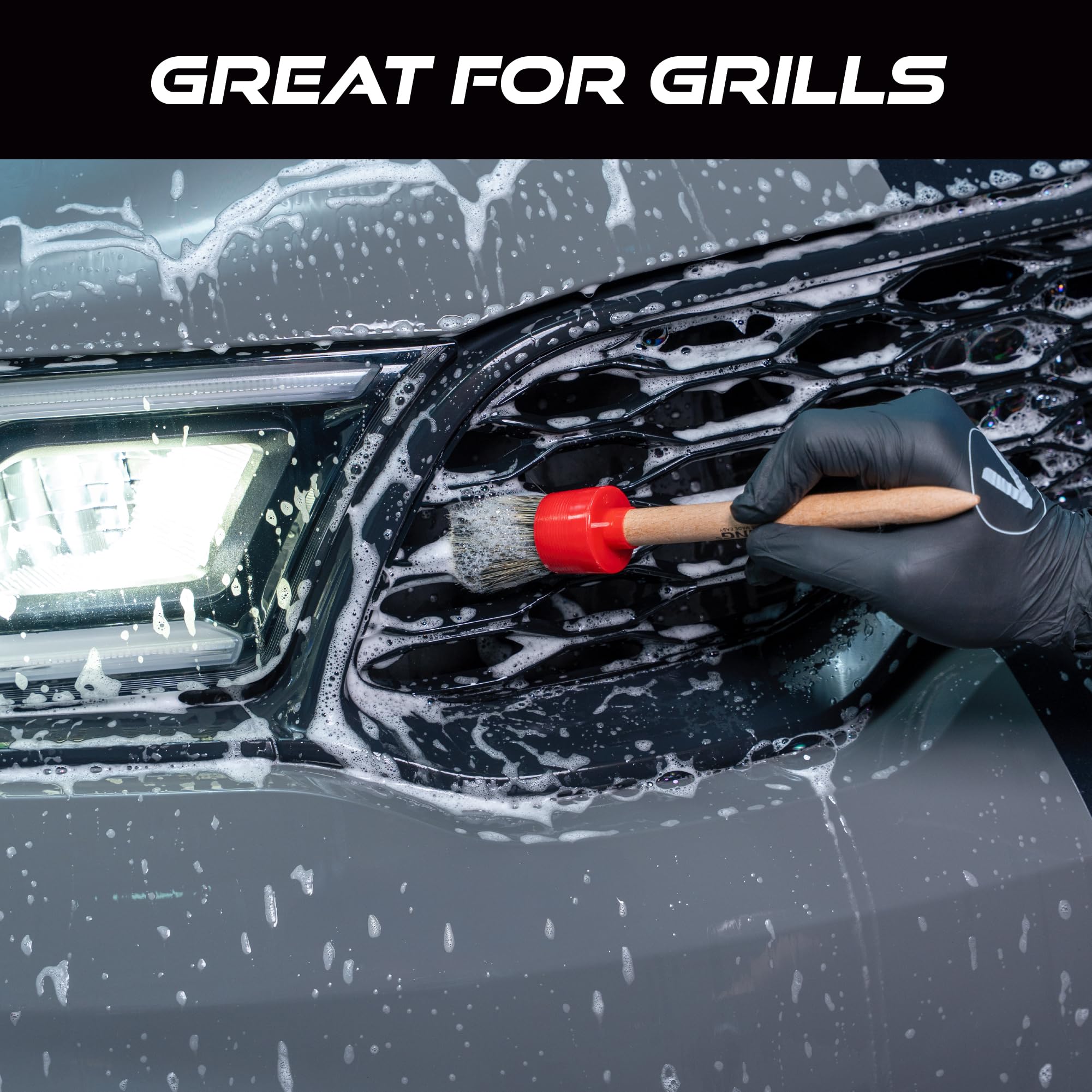 VIKING Car Detailing Brush Set for Car Cleaning Kit, Super-Soft Bristles for Exterior Detail, Includes Small, Medium, and Large Diameter Brush Heads, 3 Pack, Red - Image 4