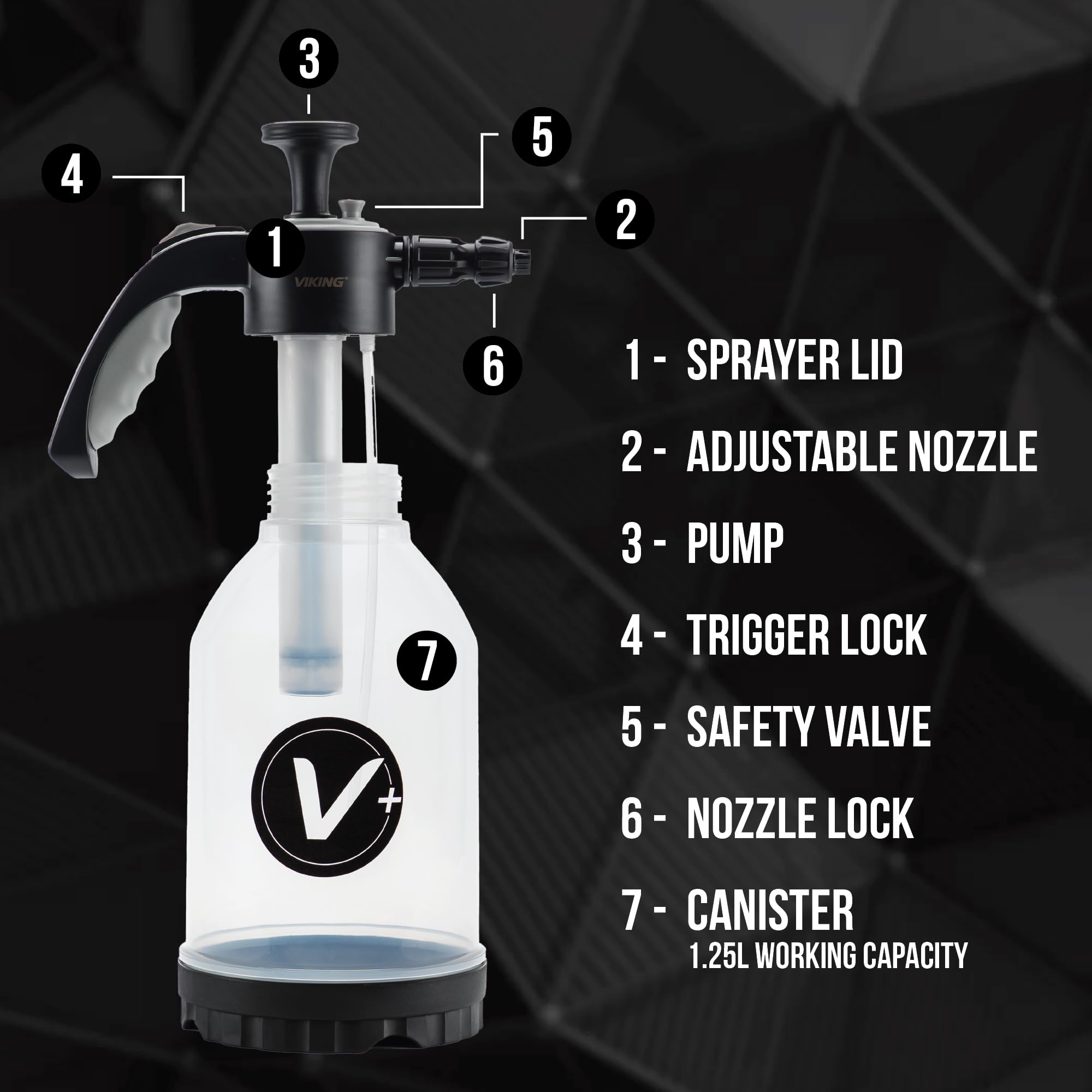VIKING V+ Premium Foam Pump Sprayer for Car Cleaning Kit and Car Detailing Kit, Foaming Spray Bottle with Trigger Lock, Adjustable Nozzle; Clear Canister with Level Indicators; 1.25L Working Capacity - Image 9
